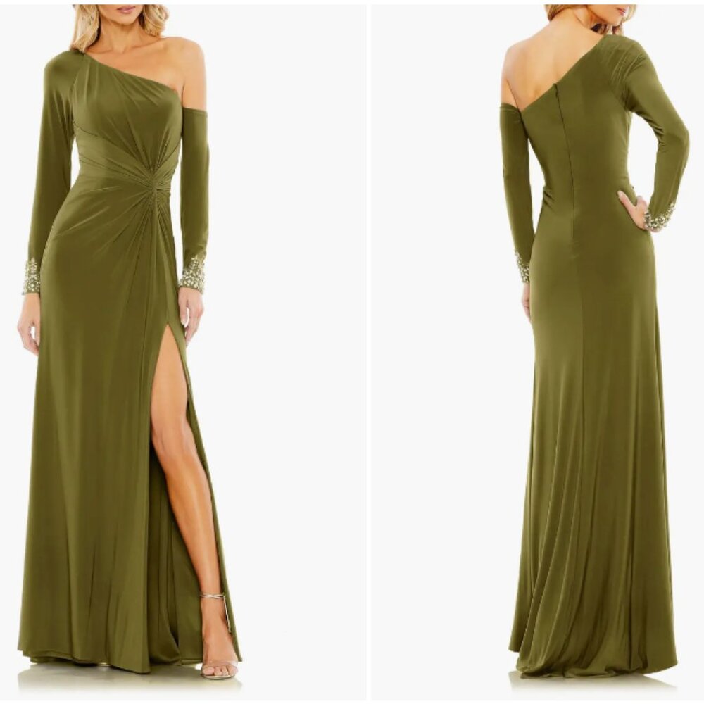 MAC DUGGAL 55696 ONE SLEEVE BEADED CUFF SIDE TWIST  THIGH SLIT OLIVE GOWN sz  2